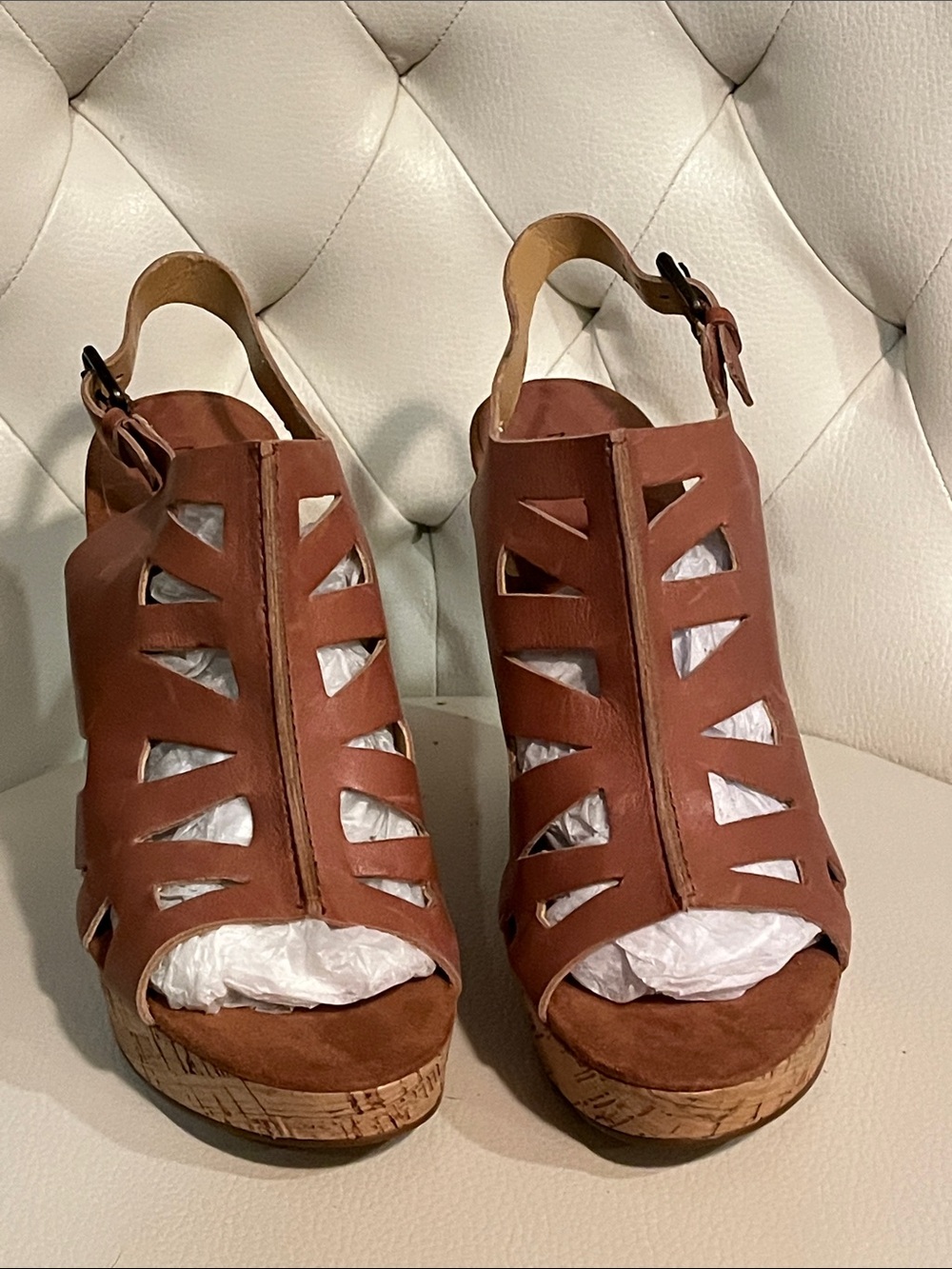 Nine West Brown Leather Cutout Cork Wedge Sandals Size 8 Beautiful - Picture 2 of 9